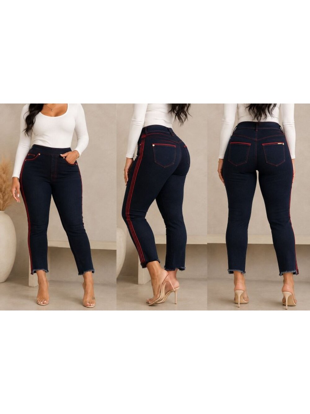 Baddie Bombshell NYGARD Luxe Denim Curvy Skinny Jeans Red Stripe Raw Hem | M